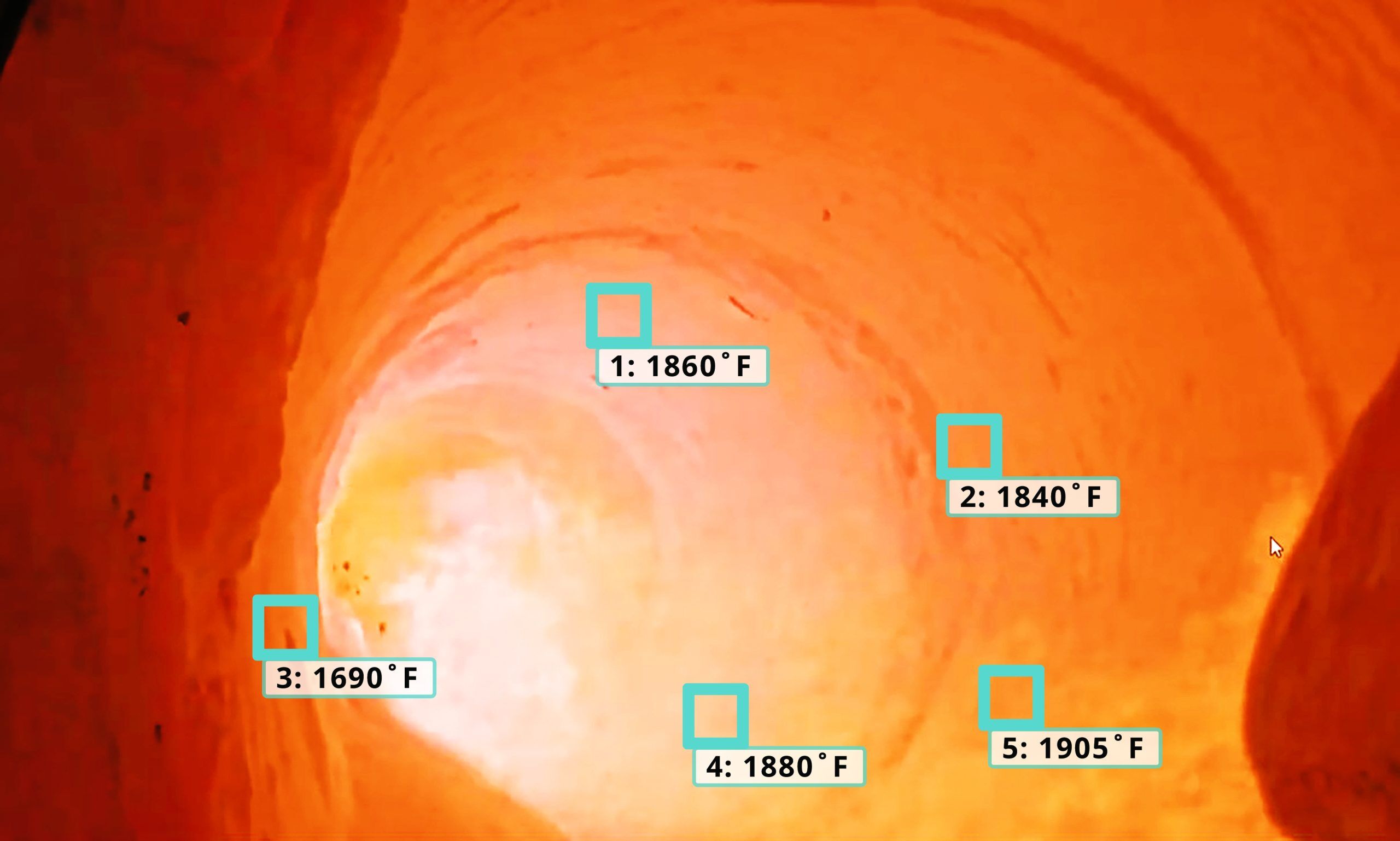 Pyro-Viper Camera showing inside of burning lime kiln, with highlighted hot spots