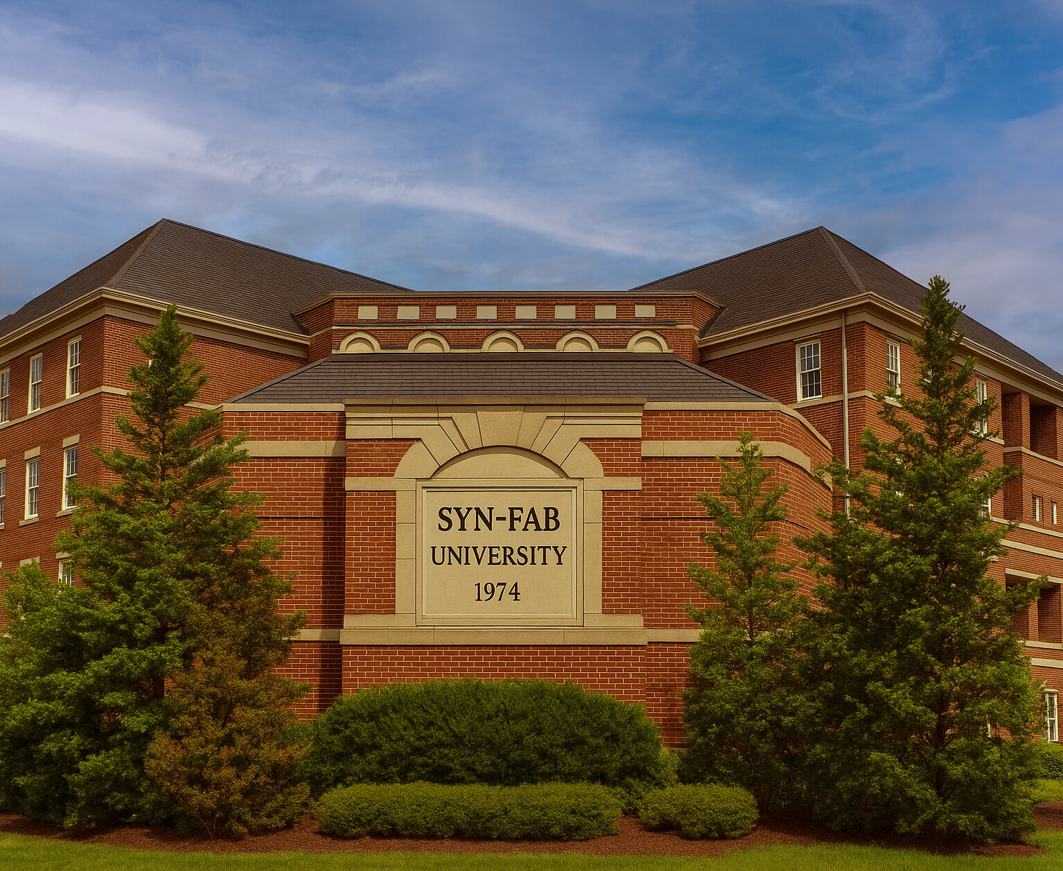 Syn-Fab University Brick Building with Large Stone Sign