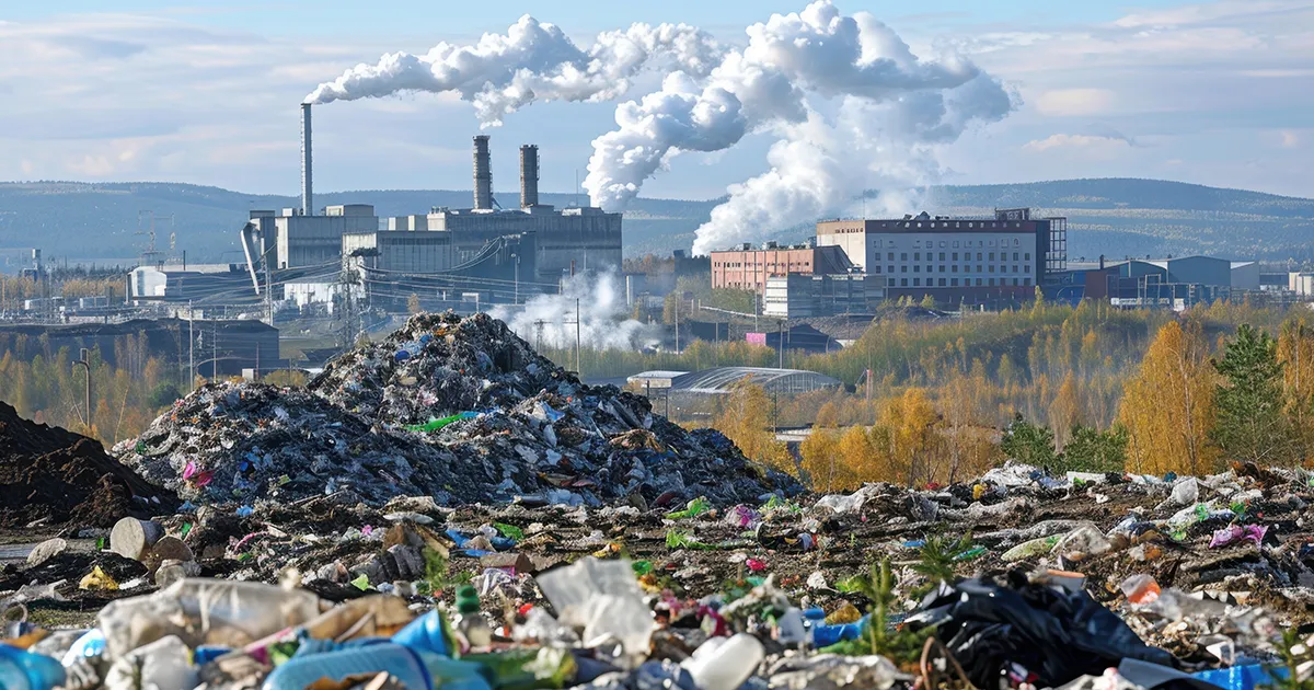 Piles of trash at a landfill with an industrial complex and smokestacks emitting white smoke in the distance behind autumn trees.