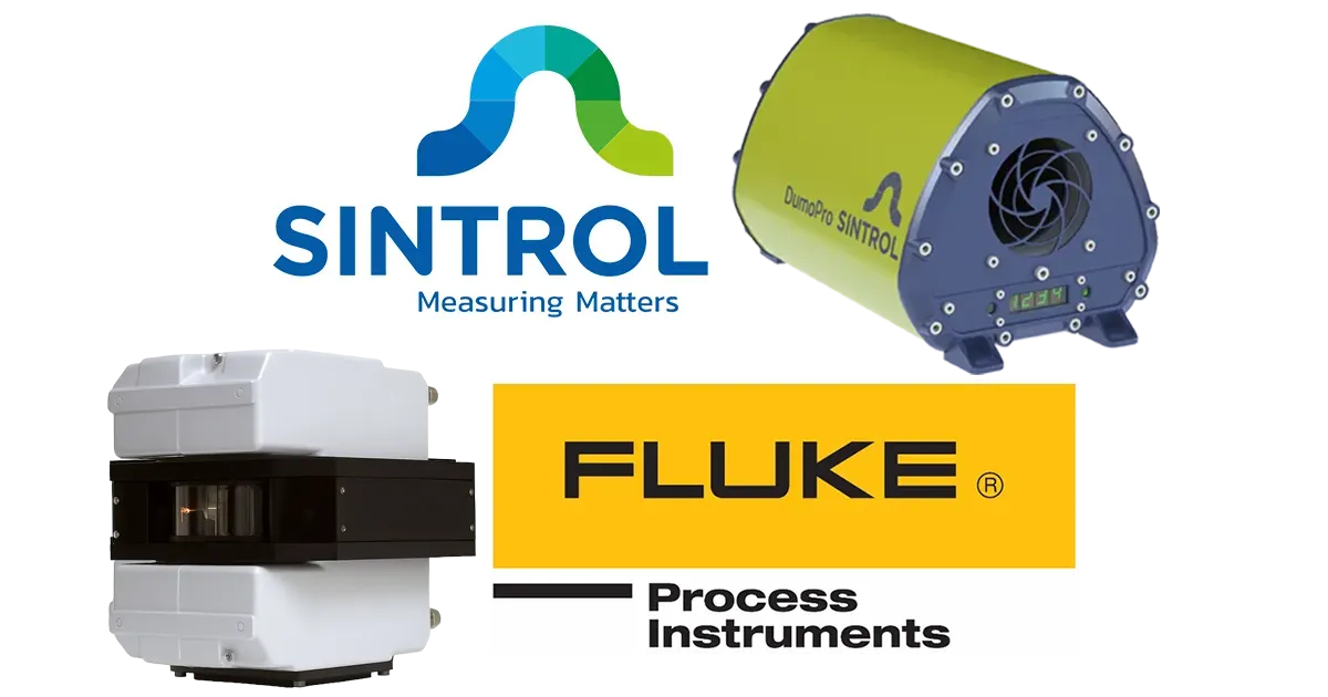 Collage of industrial measurement brand logos: SINTROL, Fluke Process Instruments, with related equipment images.