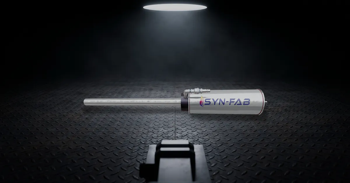 Syringe-like industrial tool labeled SYN-FAB on a metal diamond-plate floor under a bright overhead spotlight