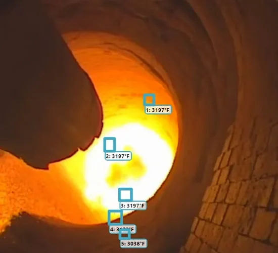 Inside a rotary kiln showing a burner flame and multi-zone temperature readings captured by the Syn-Fab Pyro-Viper camera