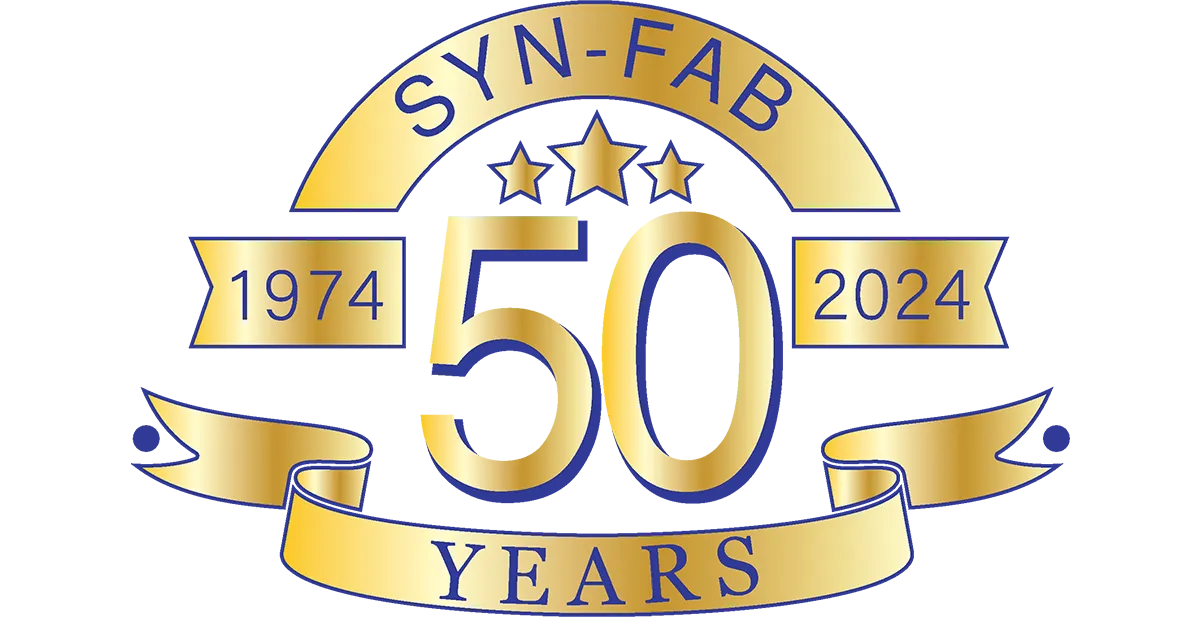 Syn-Fab 50th Anniversary golden badge celebrating 50 years of industrial camera manufacturing from 1974 to 2024.