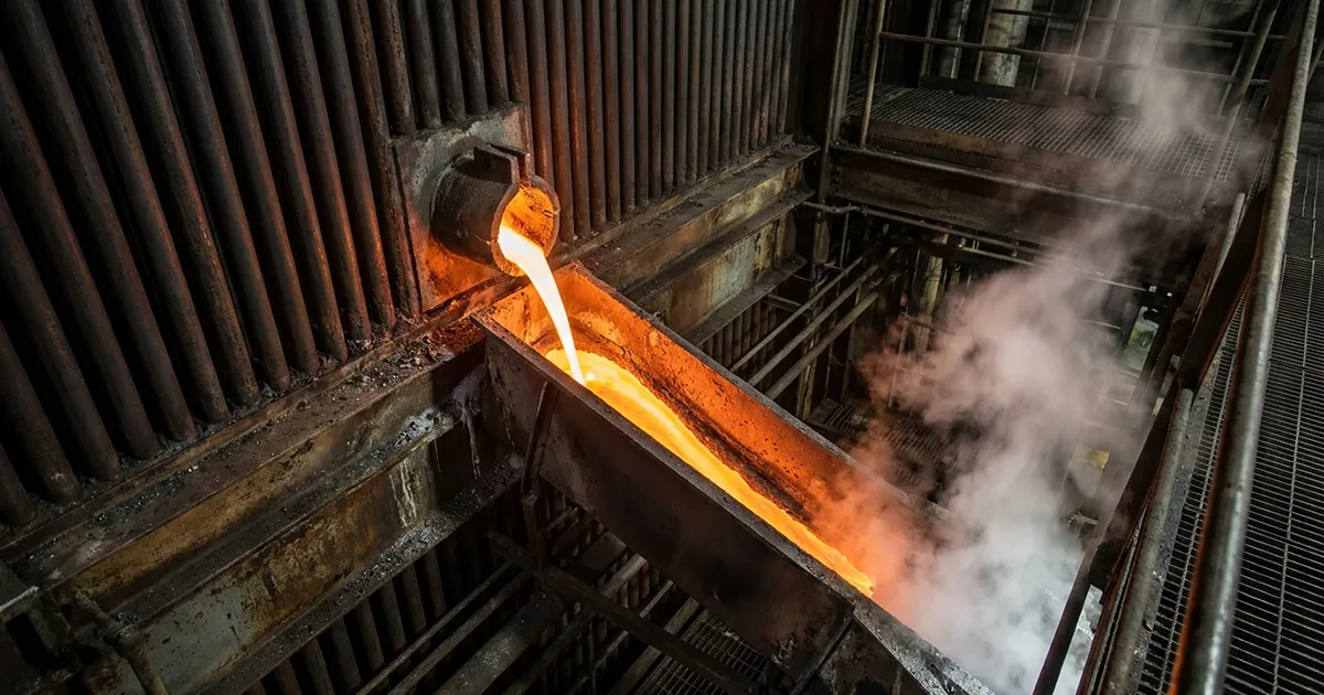 Glowing molten smelt pouring from a boiler spout into a U-shaped channel on a Kraft recovery boiler in a paper mill, an extreme environment monitored by Syn-Fab spout cameras.