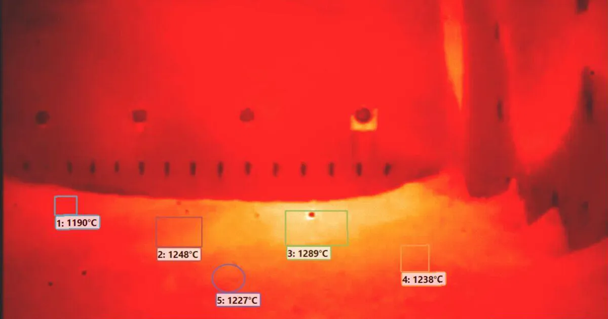 Thermal imaging of a recovery boiler smelt bed showing temperature zones captured by the Syn-Fab Terminator S12MT camera.