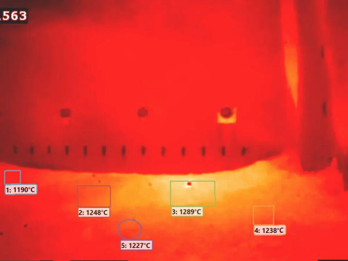 Thermal imaging display of a recovery boiler smelt bed showing live multi-point temperature monitoring via a Syn-Fab diagnostic camera.