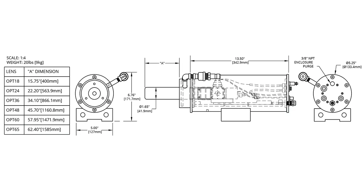 Engineering schematic and dimensions for the Syn-Fab Pyro-Viper SF12C-2C-HD kiln camera.